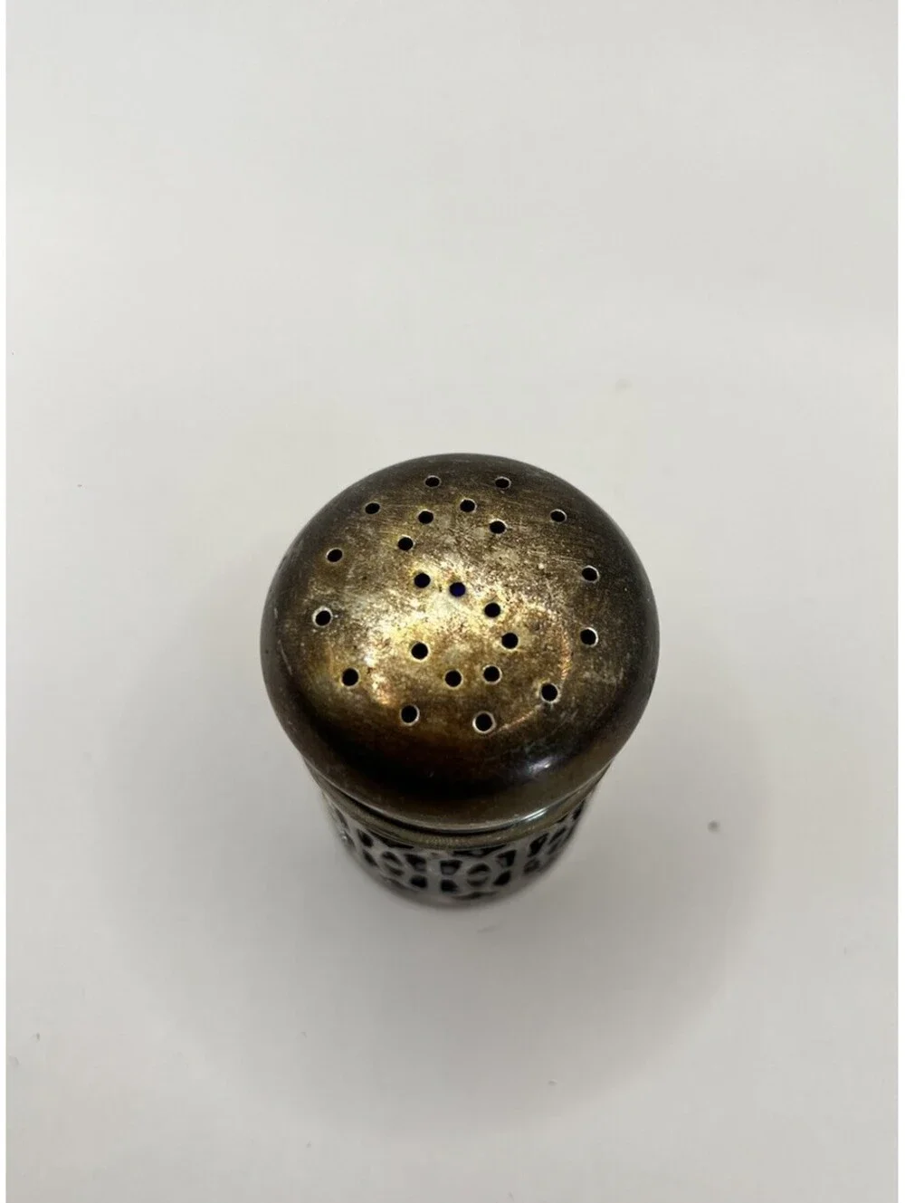 Vintage Cobalt Blue Glass Salt Shaker Pierced Silver Heart Filigree Cutout 2.25